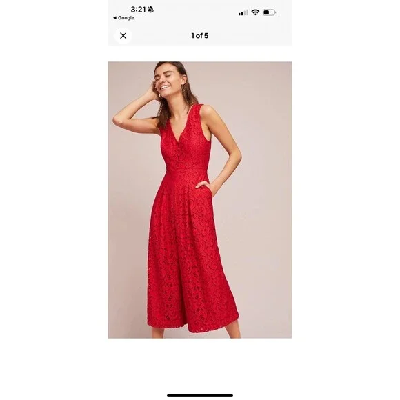 Anthropologie Moulinette Soeurs Jaeda Red Lace Wide Leg Jumpsuit - Picture 3 of 6